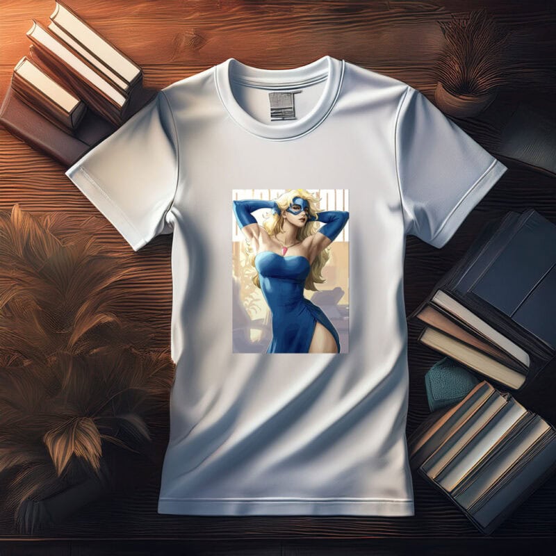 Blonde Superheroine in Blue Dress Shirt