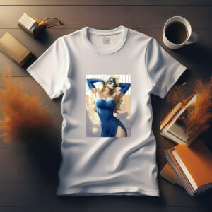 Blonde Superheroine in Blue Dress Shirt