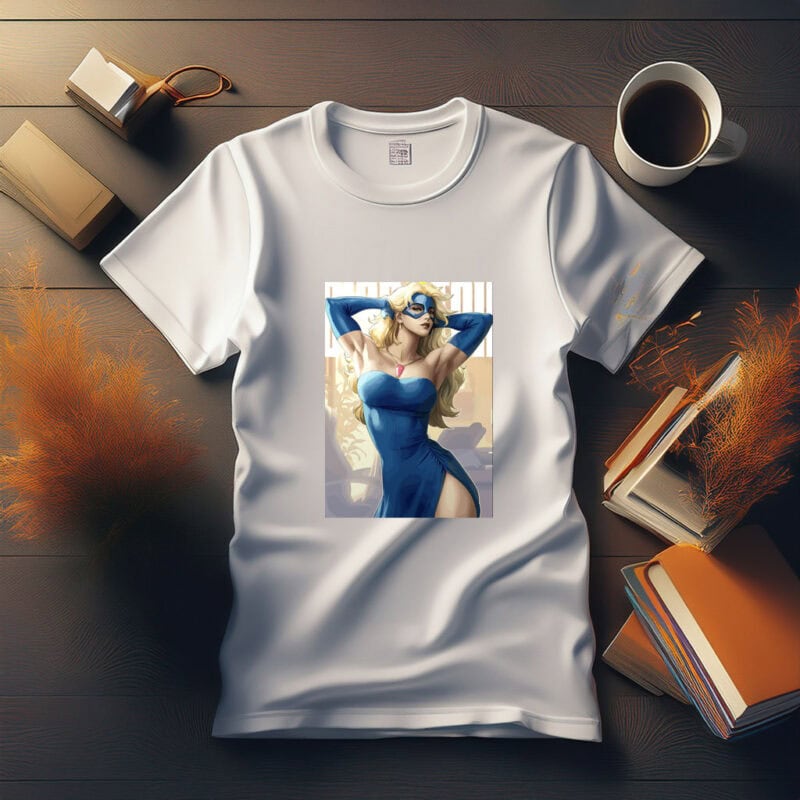 Blonde Superheroine in Blue Dress Shirt