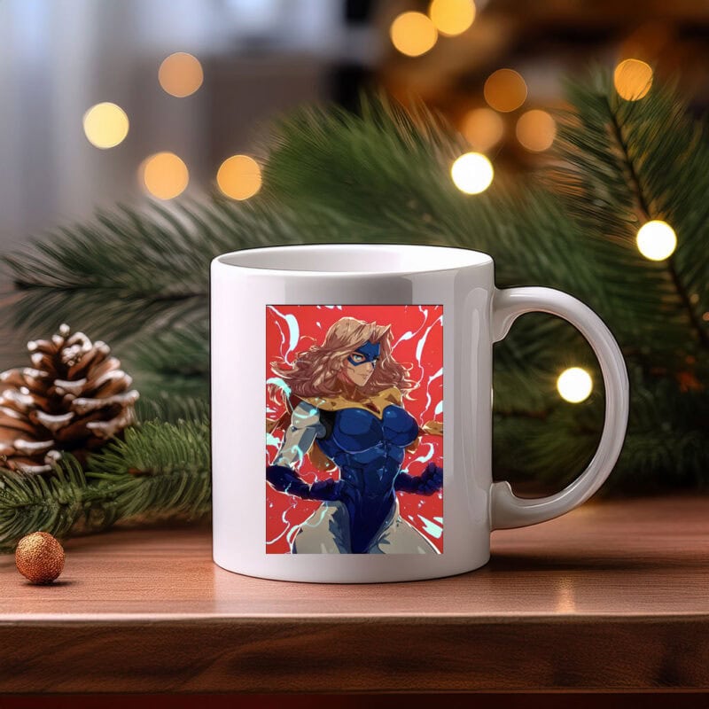 Blonde Superheroine in Blue Suit Mug
