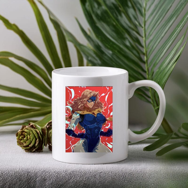 Blonde Superheroine in Blue Suit Mug